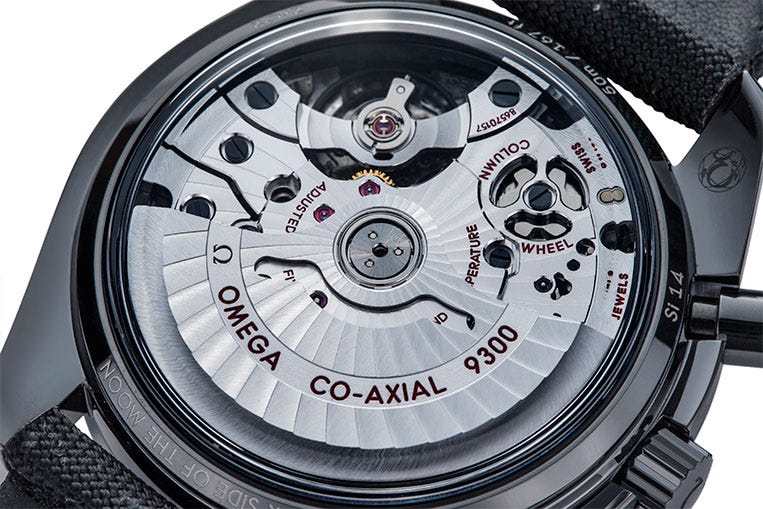 The twin barrel, co-axial calibre 9300 is Omega’s chronograph movement